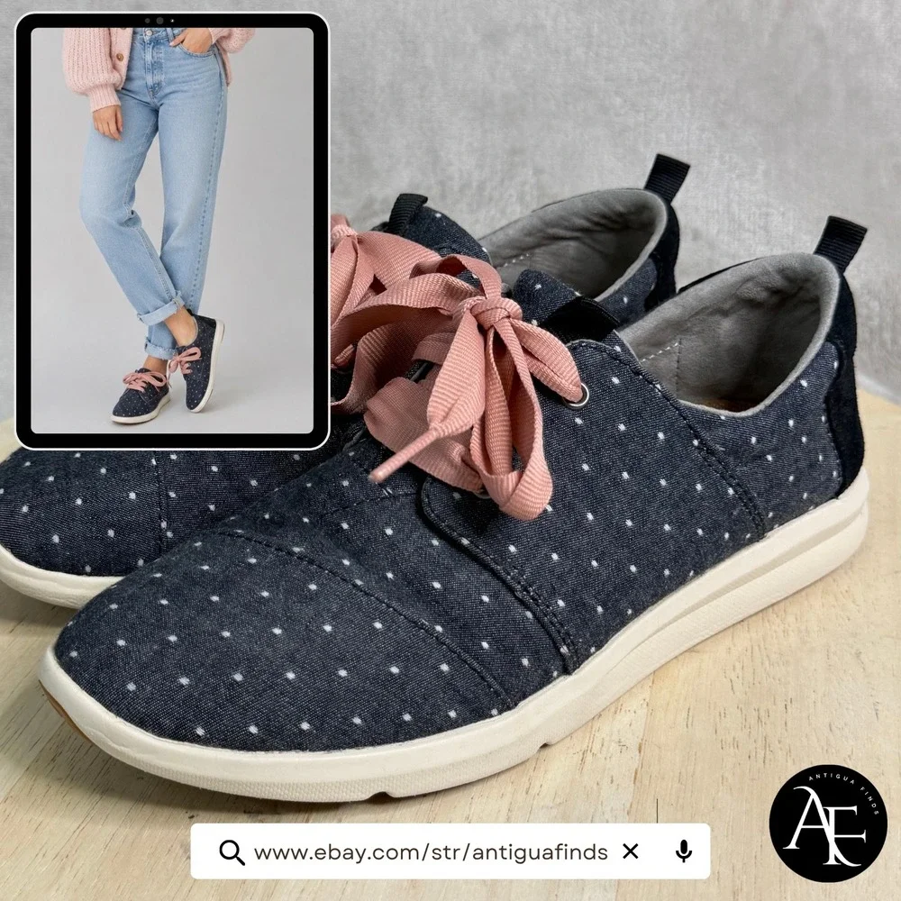 TOMS Del Rey Navy Polka Dot Pink Ribbon Lace Up Sneakers 10011745‎ Womens 8